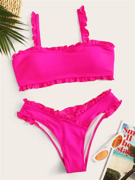 neon hot pink frill trim bikini set shein hot pink swimsuit wrap bikini set hot pink