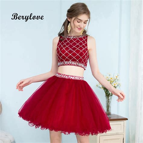 buy short dark red homecoming dresses two piece mini beaded tulle homecoming