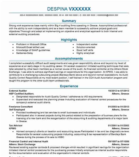 1) auditor, july 2008 to present crimsoni auditing services,georgia responsibilities. External Auditor Resume Sample | Auditor Resumes | LiveCareer