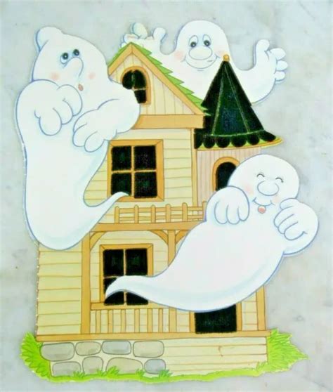 Vintage Halloween Fuzzy Ghost Ghosts Haunted House Die Cut Double Sided