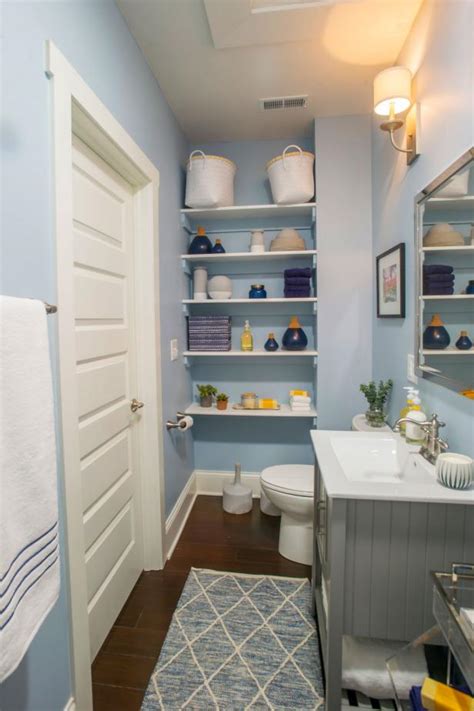 The water creation bristol 30 in. Contemporary Blue Bathroom with White Floating Shelves | HGTV