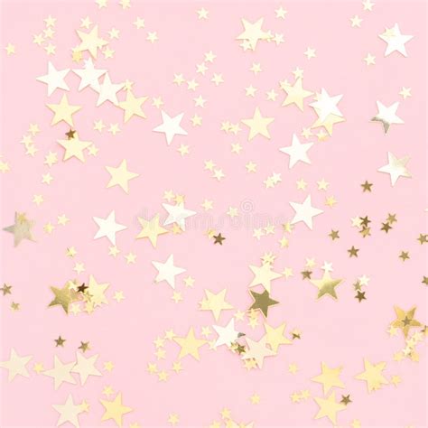 Pink Pastel Festive Background With Shining Golden Confetti In Shape Of