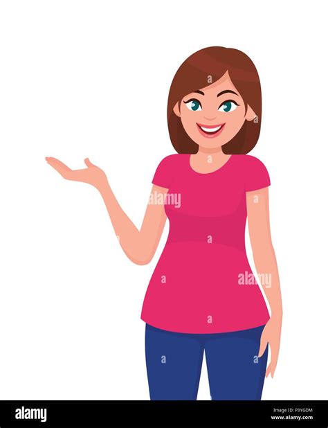 Young Woman Showing Hand For Presenting Something Vector Illustration