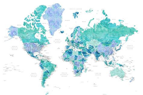 Stadtkarte Von Aquamarine And Blue Watercolor Detailed World Map ǀ Alle