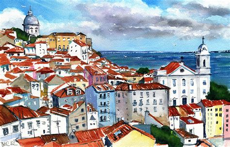 Red Rooftops Of Lisbon Alfama Painting By Dora Hathazi Mendes Fine