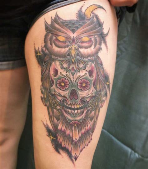 Sugar Skull Owl Tattoo On Thigh Best Tattoo Ideas Gallery