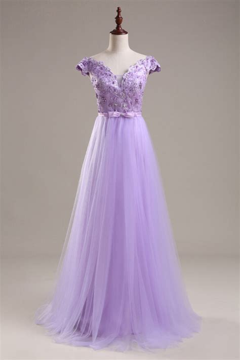 Light Purple Tulle Prom Dresses Cap Sleeves Appliques Party Dresses On