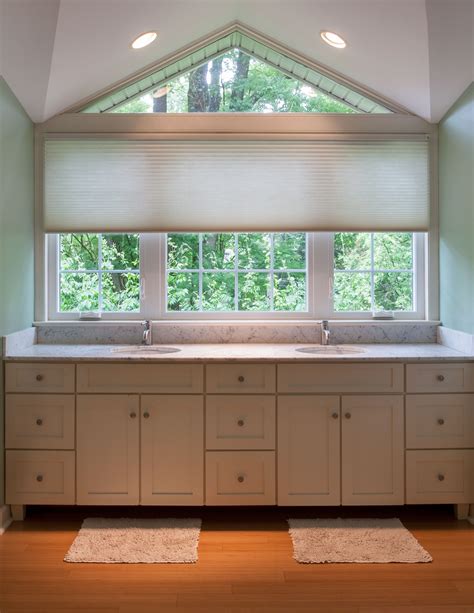 Triangle Transom Window In Master Bath Room Gets A Motorized Honeycomb