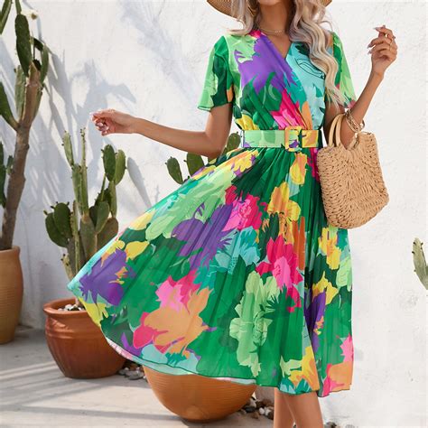 Women S Summer Fashion Flower Print Beach Dress Elegant V Neck Short