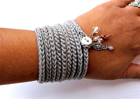 Crochet Bracelet With Charms Wrap Bracelet Silver Grey Cuff