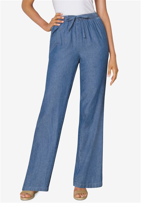 Pull On Elastic Waist Cotton Chambray Pants Plus Size