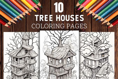 Tree Houses Coloring Pages Realistic Graphic By Bonobo Digital