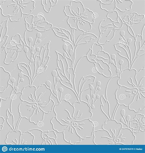 Floral 3d Embossed White Seamless Pattern Textured Line Art Flowers