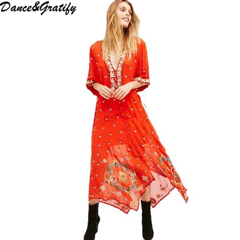 Woman Bohemian Deep V Neck Floral Embroidery Long Maxi Dress 2018 New Sexy See Through Holiday