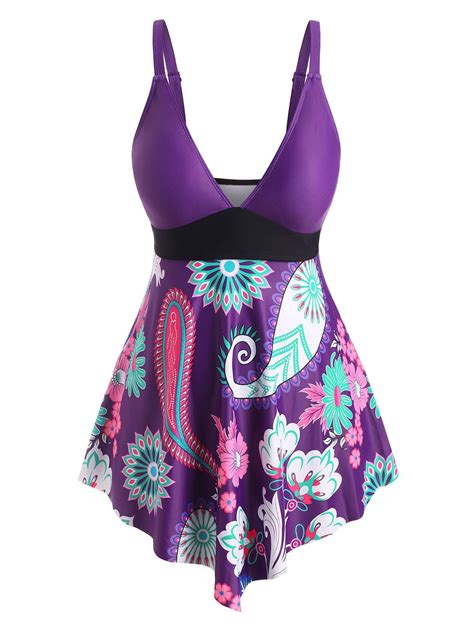 32 Off 2022 Plus Size Paisley Flower Skirted Plunging Tankini