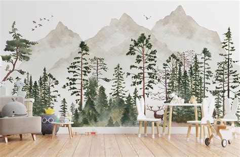 Forest Wall Mural Peel N Stick Wallpaper Pine Tree Woodland Etsy