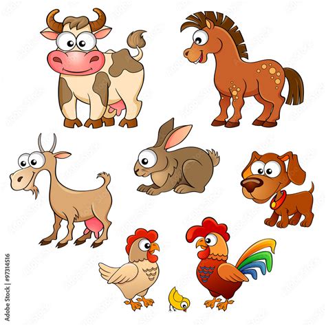 Set Of Cute Cartoon Farm Animals Horse Cow Goat Rabbit Dog Hen