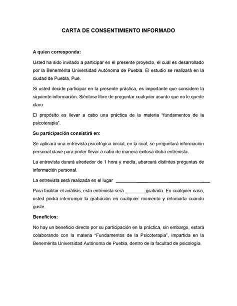 Carta De Consentimiento Informado Rea Psicolog A Entrevista Inicial Carta De Consentimiento