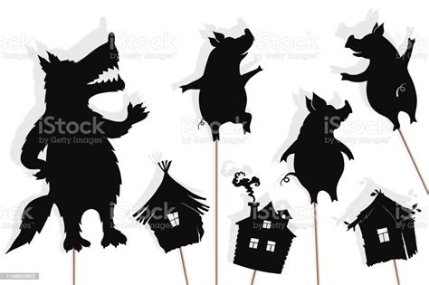 Shadow Puppets Of Three Little Pigs Their Houses And Big Bad Wolf