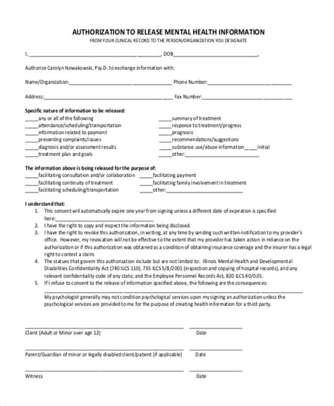 Free Mental Health Release Of Information Form