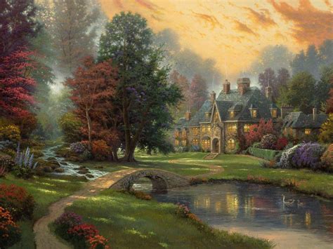 Hd Wallpaper Landscape Thomas Kinkade Painting Cottage