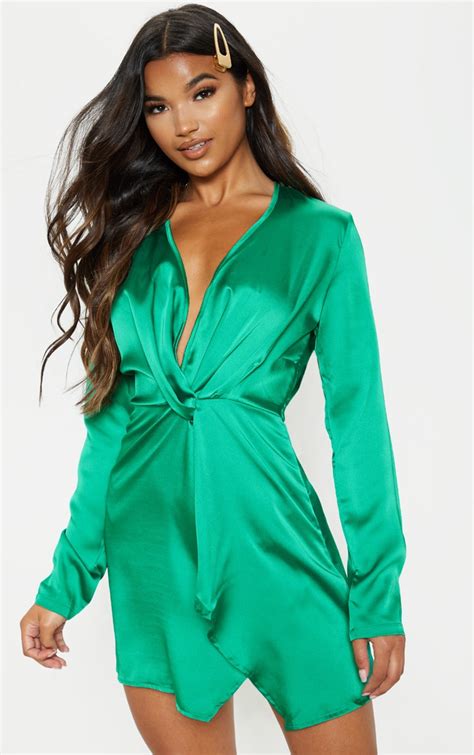 Green Satin Long Sleeve Wrap Dress Dresses Prettylittlething Ca