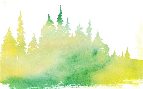 Watercolor Blurred Landscape With Fir Trees Background Coniferous