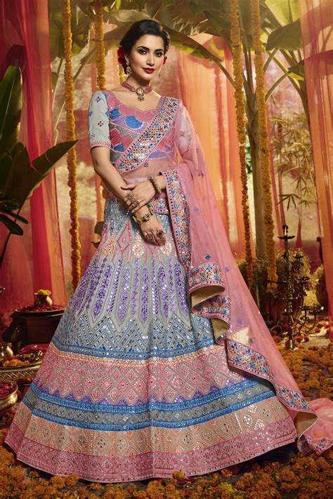 Buy Exclusive Organza Fabric Multi Color Wedding Wear 3 Piece Lehenga
