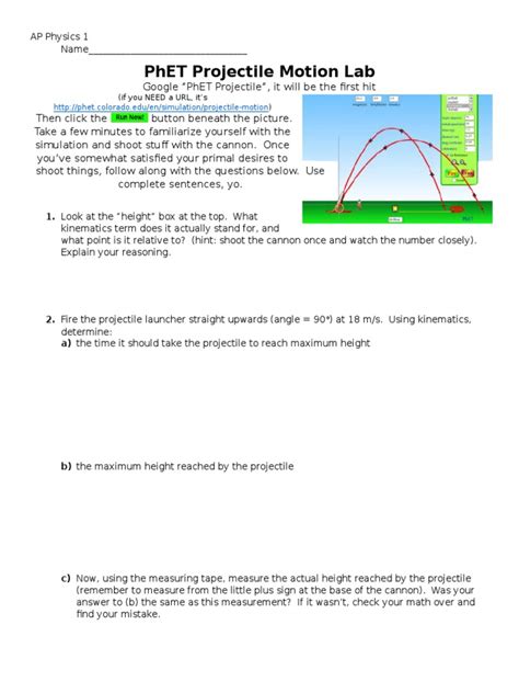 Explore the program by placing red and blue figures on the rope to simulate a tug of war a. Projectile Motion Worksheet Pre Lab Investigation | Kids ...