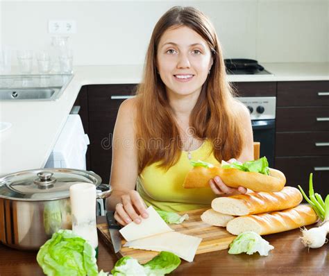 Happy Woman Cooking Sandwiches With Cheese Stock Image Image Of Lettuce Female