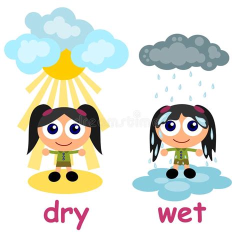Wet And Dry Antonyms Word Card Vector Template Flashcard For English