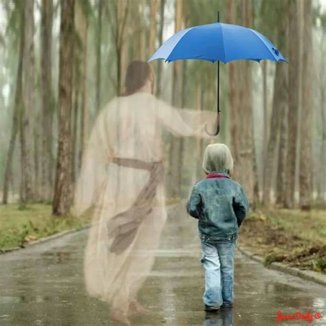 Jesus Helping Us Little Boy With Blue Umbrella Walking With Jesus