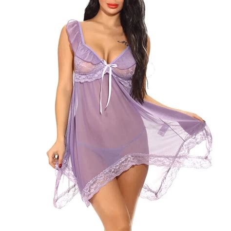 Ladies Lace Sleeping Dress And String Set Sexy Nightgowns Women Night Gown See Through Sleepwear