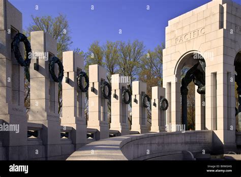 World War Ii Memorial Columns And Wreaths Represent Each Of The 50