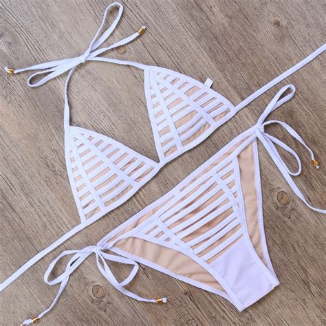 Striped Bandage Style Swimwear Swimsuit Bikinis Sets 2017 Halter Mesh