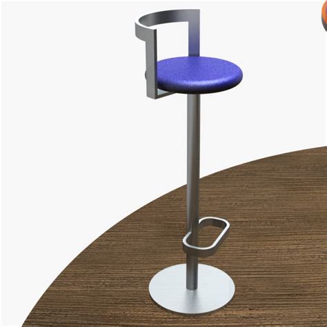 A Blue Stool Sitting On Top Of A Wooden Table Next To An Orange And