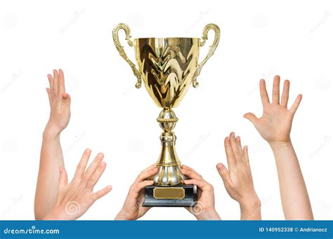 Winner Is Holding Trophy In Hands Many Hands Raised Up Stock Photo