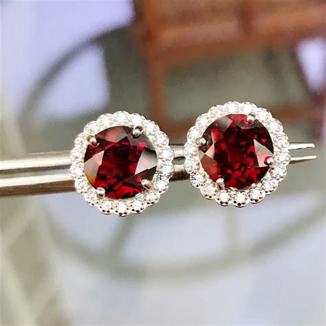 Genuine Natural Red Garnet Sterling Silver Stud Earrings Crystal