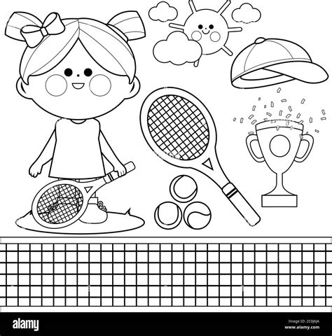 Tennis Player Girl Vector Black And White Coloring Page Stock Vector