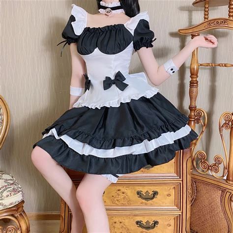 Black Cute Lolita Maid Costumes French Maid Dress Girls Woman Amine