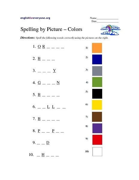 Spelling By Picture Colors Worksheet For 3rd Grade Lesson Planet