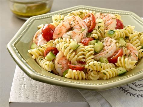 pasta salad with poached shrimp and lemon dill dressing recipe from food network kitchen via