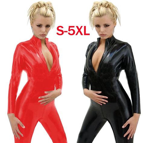 Aliexpress Com Buy Women Sexy Black PU Leather Bodysuit High Collar Punk Catsuit Fantasias