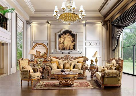 Living room furniture set includes a sofa and armchairs, pouffes, pillows, accent chairs or side tables. Luxurious Traditional Style Formal Living Room Set HD-369
