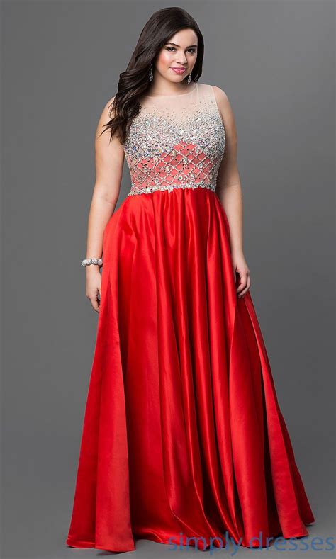 Long Red Satin Gown With Jewel Embellished Sheer Bodice In