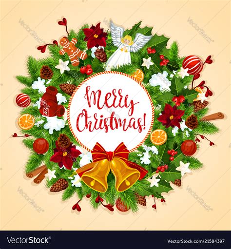 Christmas Wreath With Xmas Bell Bow Greeting Card Vector Image