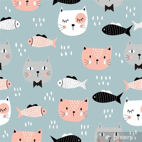 poster sömlöst mönster med roliga kattungar och fiskar barns illustration för tryckning på
