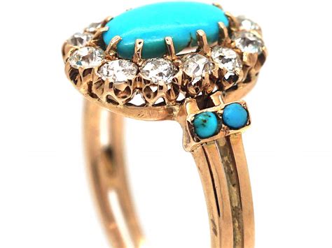 Edwardian 15ct Gold Turquoise Diamond Oval Cluster Ring With