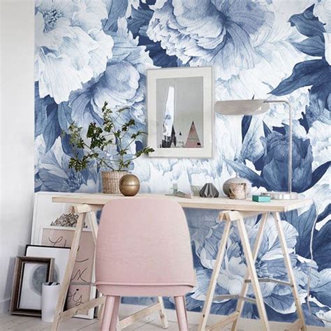 Peonies Flower Mural Blue Peel And Stick Wallpaper Mural