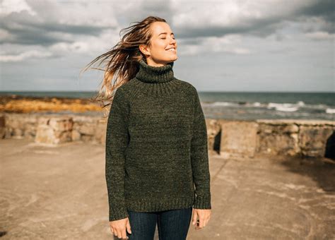 Women S Farne Green Merino Wool Roll Neck Jumper Finisterre Finisterre Us Hoodies Womens